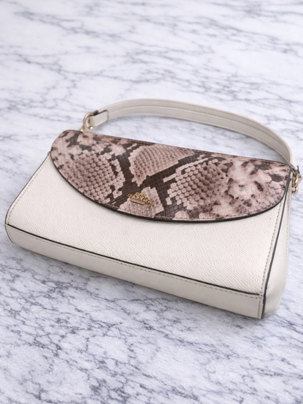Coach Cream Leather Shoulder Bag with Python-Print Flap